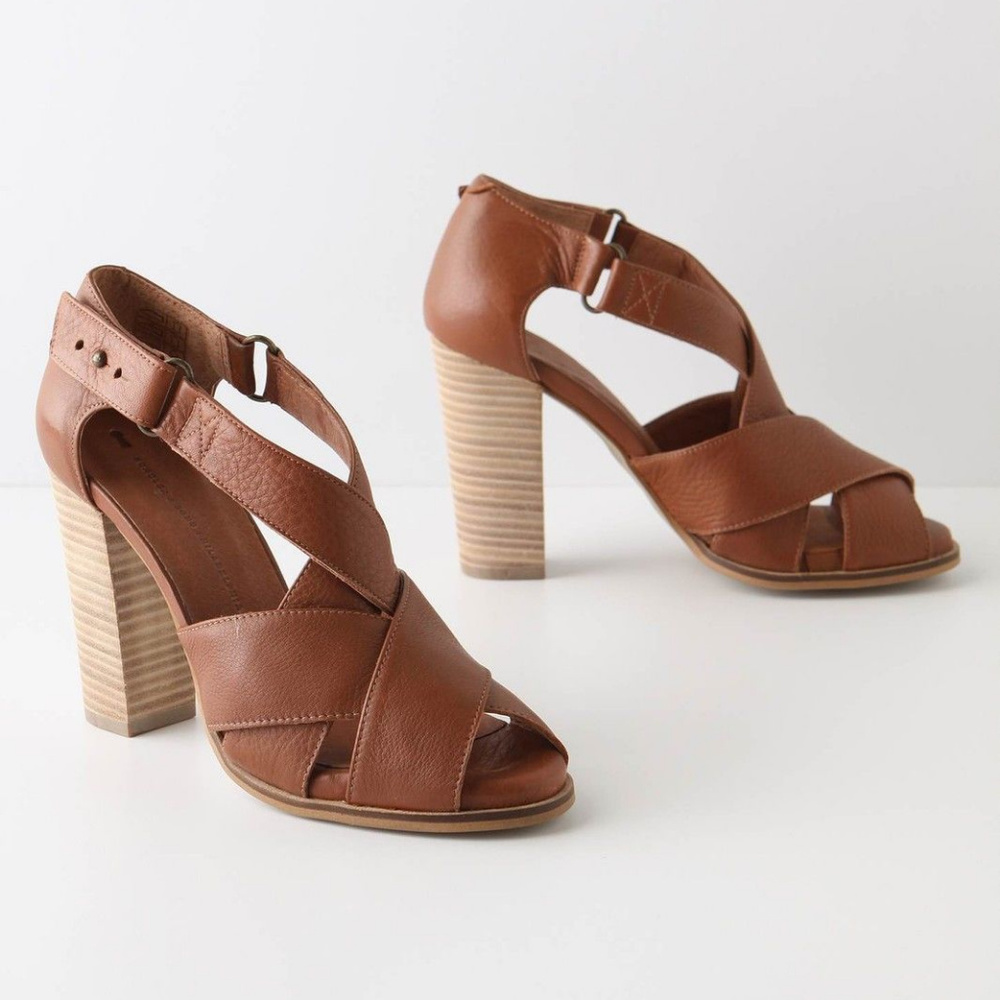 Anthropologie Band Over Band Heels Open Toe Brown Leather By Schuler & Sons, 39